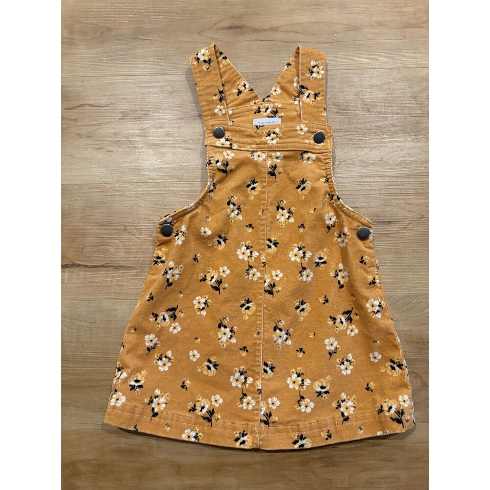 Tahari Toddler Girls Floral Mustard Yellow Corduroy Overall Jumper Dress Size 2T